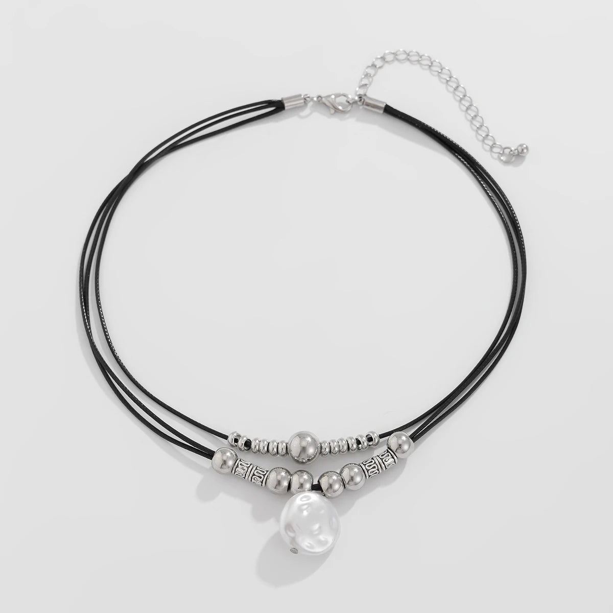 KunJoe Vintage Multilayer Leather Rope Chain Plastic Beads Choker Short Necklace Women Simple Imitation Pearl Pendant Necklace