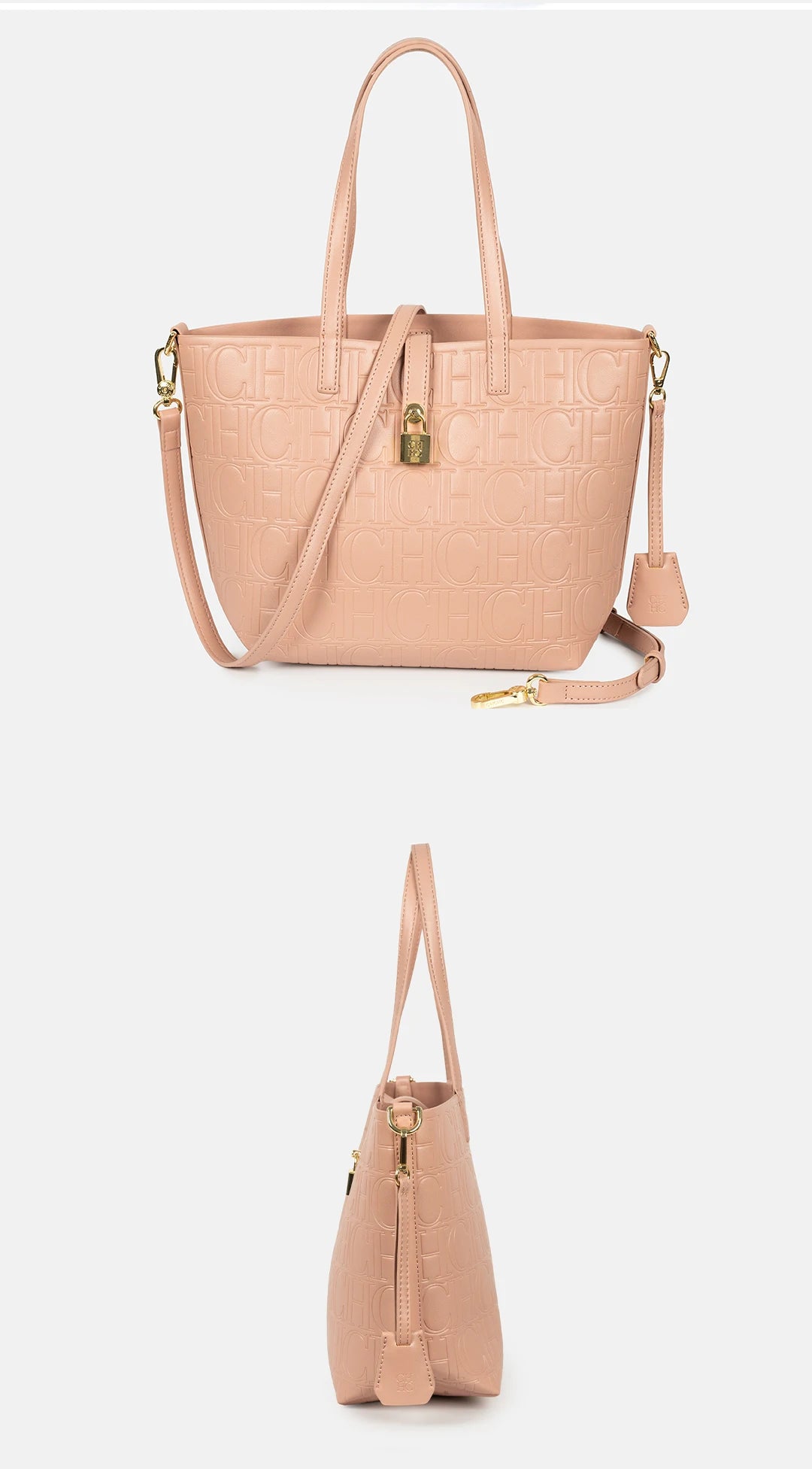 CH Embossed Monogram Tote Handbag Detachable Crossbody Strap Gold Lock Hardware Daily Fashion Women Bag