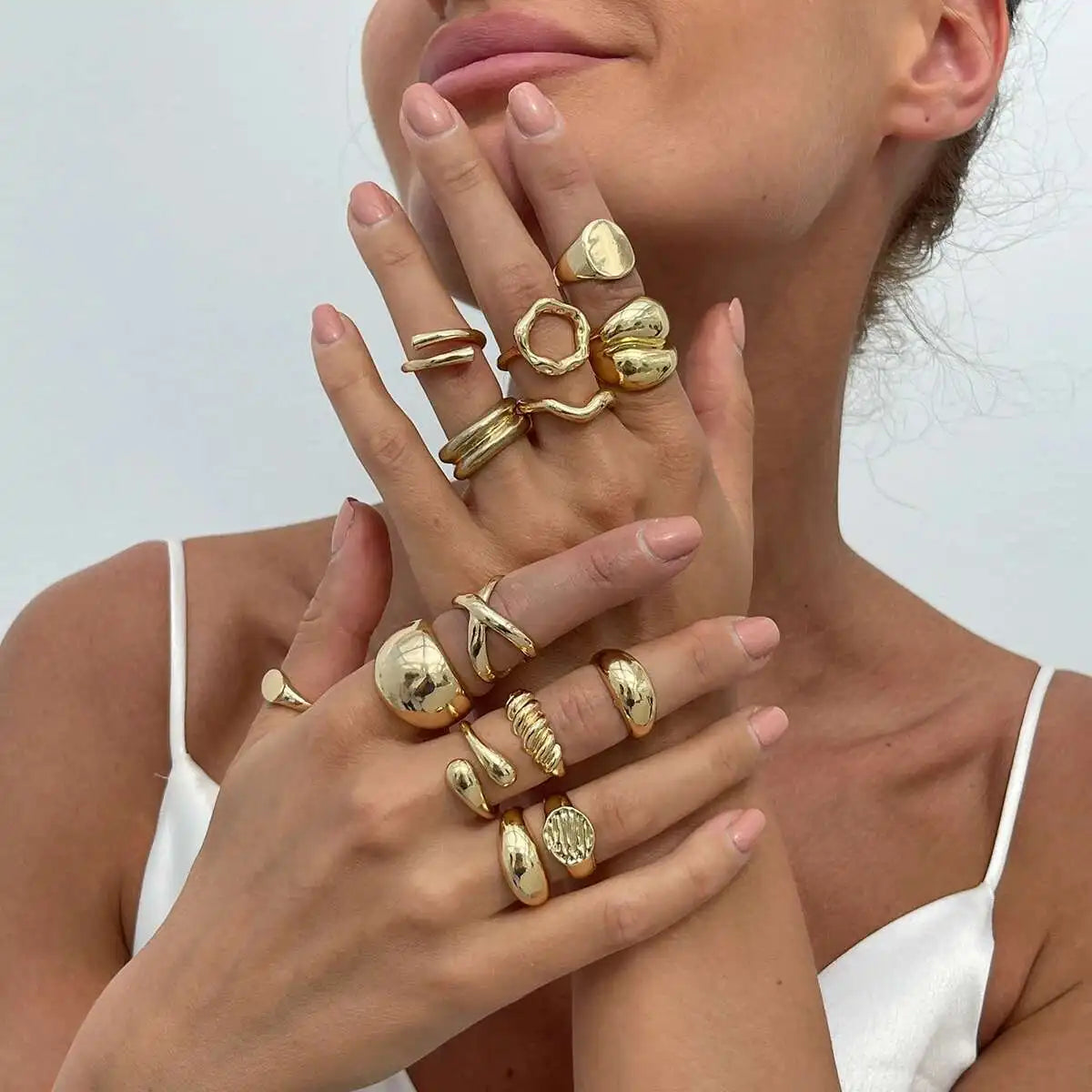 Salircon 14Pcs/Set Unique Creative Smooth Water Drop Rings for Women 2025 Punk Geometric Adjustable Finger Ring Couple Jewelry