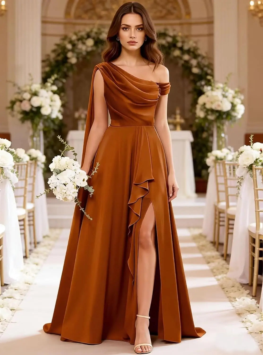 Chiffon One Shoulder Bridesmaid Dresses for Women with Pleated Ruffles A Line Long Formal Dress with Slit