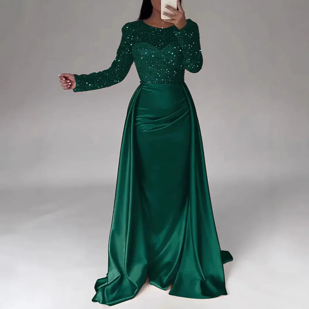Shiny Sequin Evening Dress Long Sleeve Women's Style Queen Atmosphere Hostess Annual Ball Ceremony Chic Lady Fashionable Mommy O