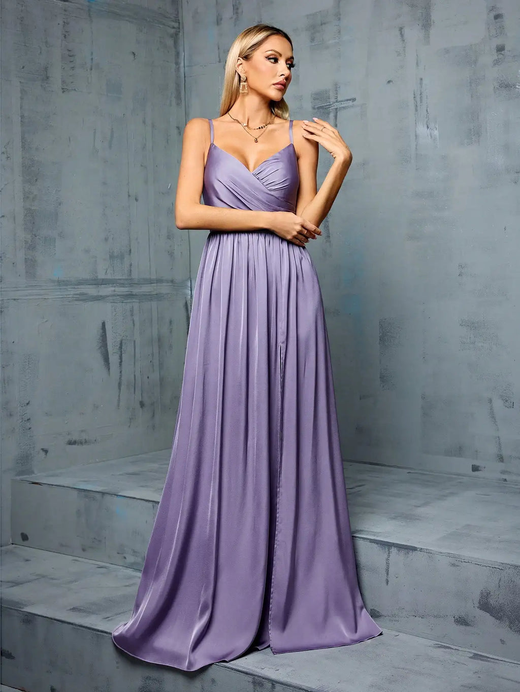 MGIACY V-neck halter-style irregularly pleated satin fabric slit dress with wide skirt for bridesmaids