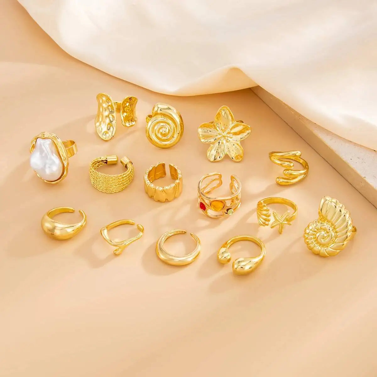 Salircon 14 Pcs/Set Hip Hop Creative Flower Conch Rings for Women Men Punk Gold Color Imitation Pearl Knuckle Joint Ring Jewelry