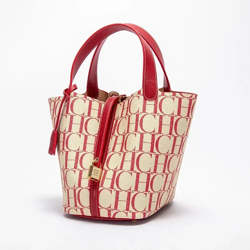 CH Tote Bag For Women Luxury Monogram Leather Handbag Fashion Top Handle Bag Elegant Lock Bucket Bag For Daily Commute