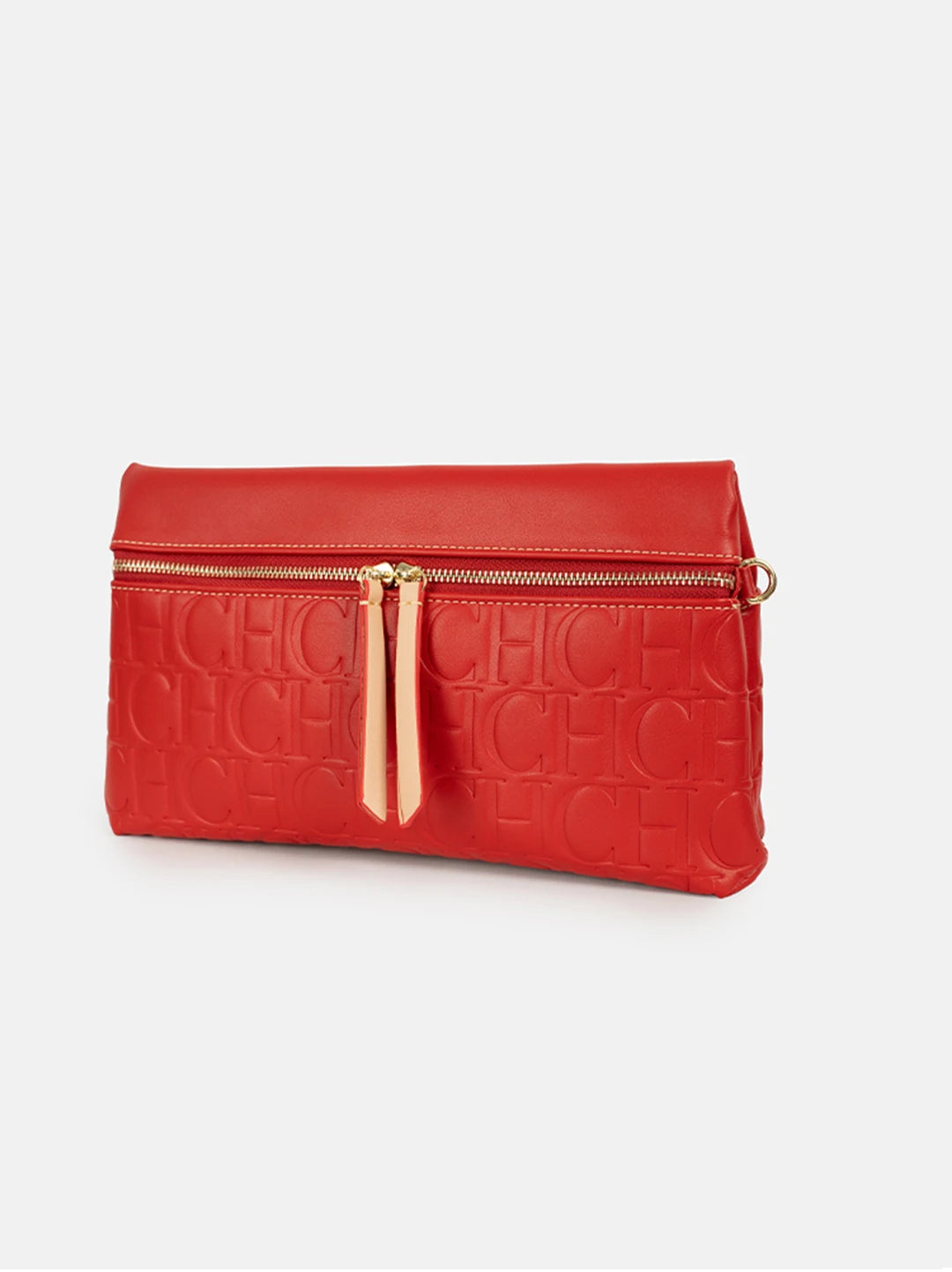 CH Vintage Red PU Leather Crossbody Bag Embossed CH Letter Double Zipper Shoulder Handbag For Retro Outfits