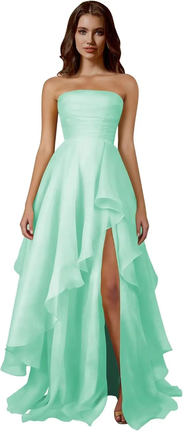 Strapless Tiered Prom Dresses Long Ruffle Tulle A Line Evening Ball Gown Dresses with Slit