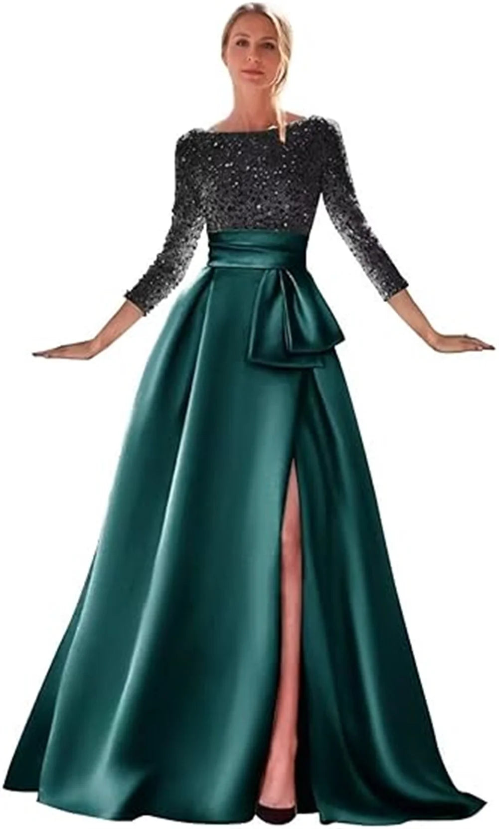 Long Sleeves Mother Of The Bride Dresses For Wedding Sparkly Sequin Ball Gowns Side Slit Satin Formal Party Prom Gown