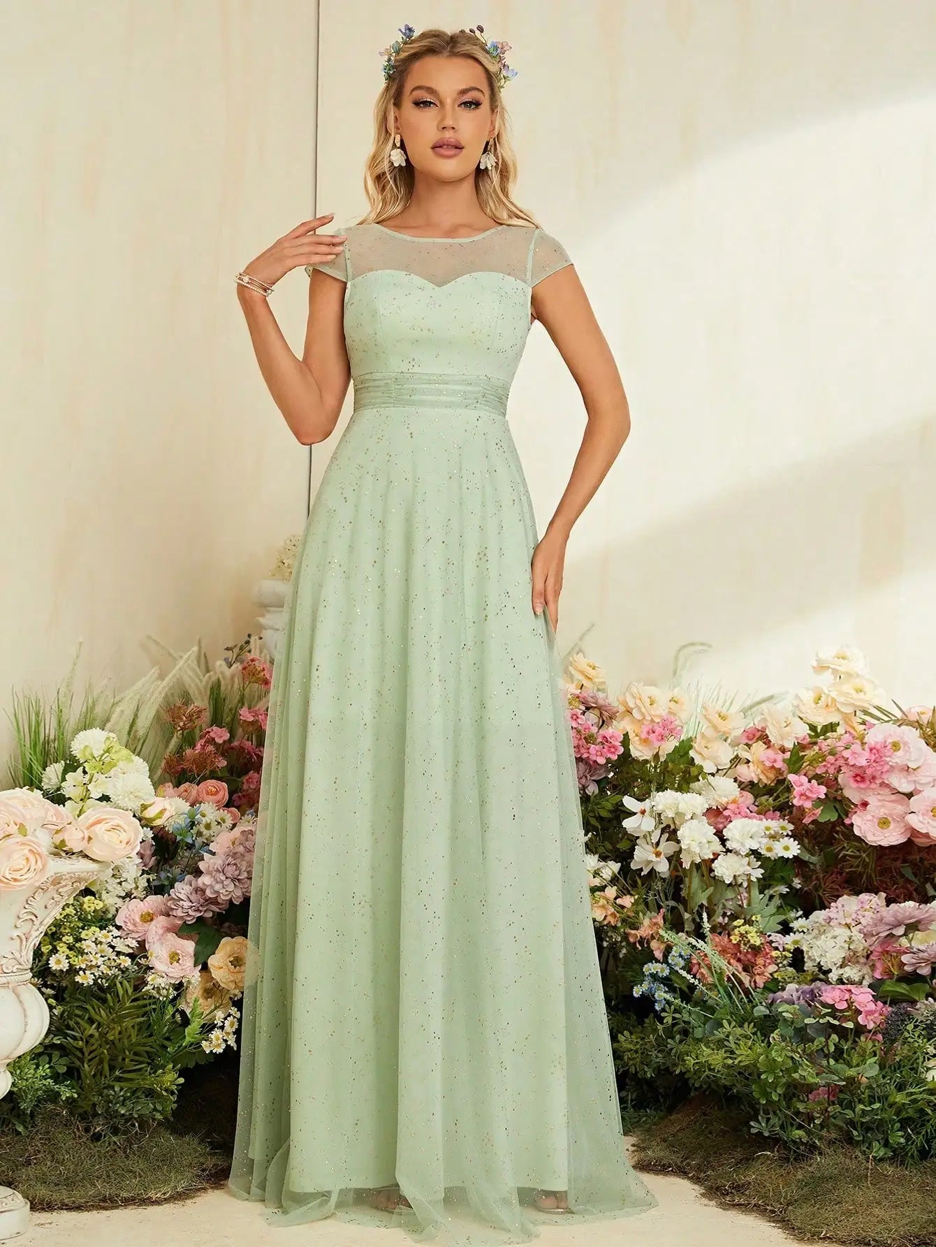 Mgiacy round neck short sleeve gold mesh full skirt Evening gown Ball dress Party dress