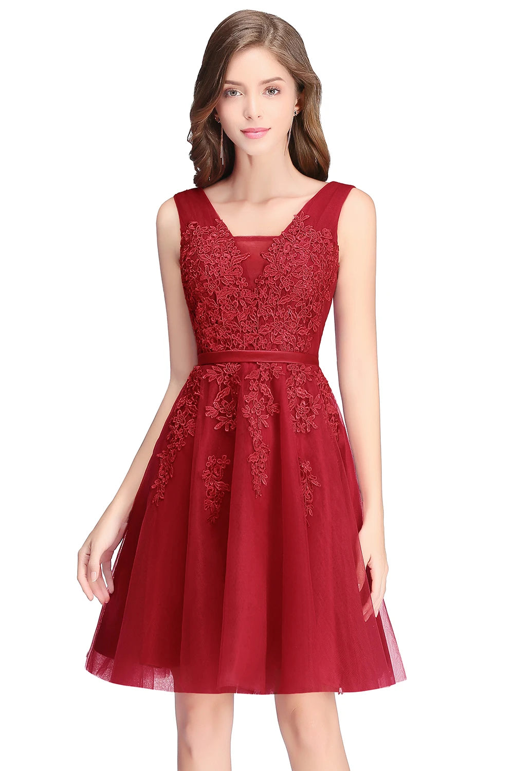 BABYONLINE Burgundy Bridesmaid Dresses with Lace Appliqué, V-Back & Flowy Tulle Skirt for Weddings,Elegant Short Party Dress