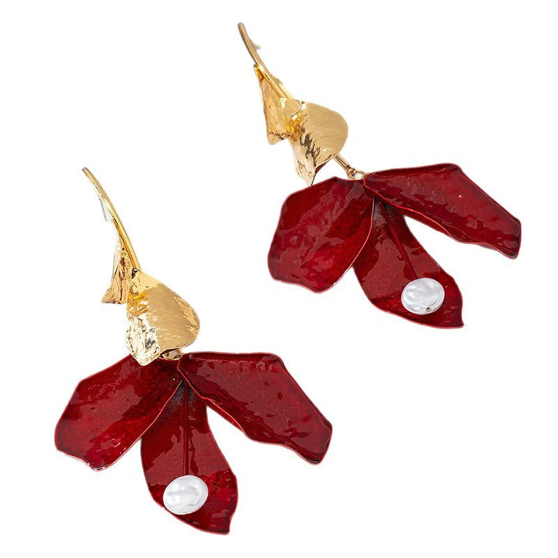 Vintage Red Drip Oil Flower Long Tassel Pendant Earrings for Women Exaggerated White Imitation Pearl Earrings Vacation Jewelry
