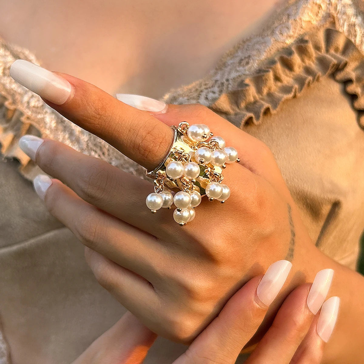 KunJoe Vintage Colourful Natural Stone Beads Open Ring Women Bohemian Imitation Pearl Chunky Wide Finger Rings Party Accessories