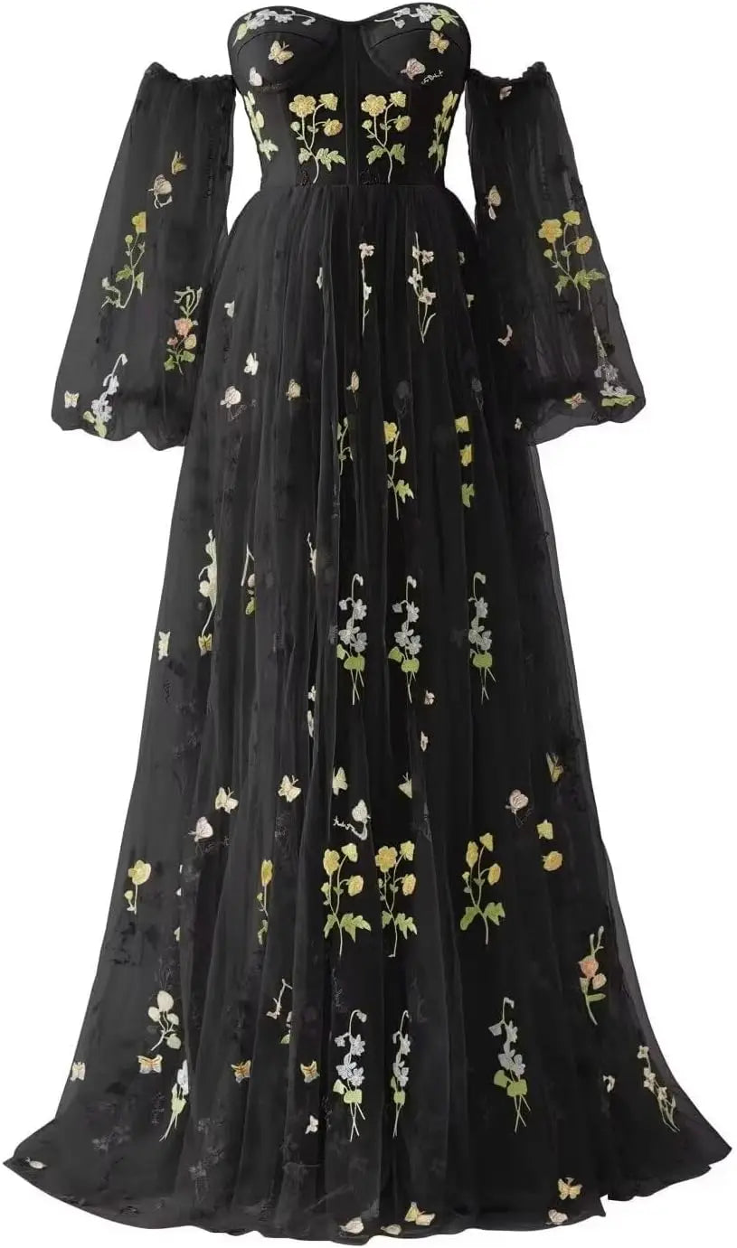 Tulle Prom Dresses for Women Flower Embroidery A-Line Formal Evening Party Gowns Formal Dress Women Elegant Evening Dress