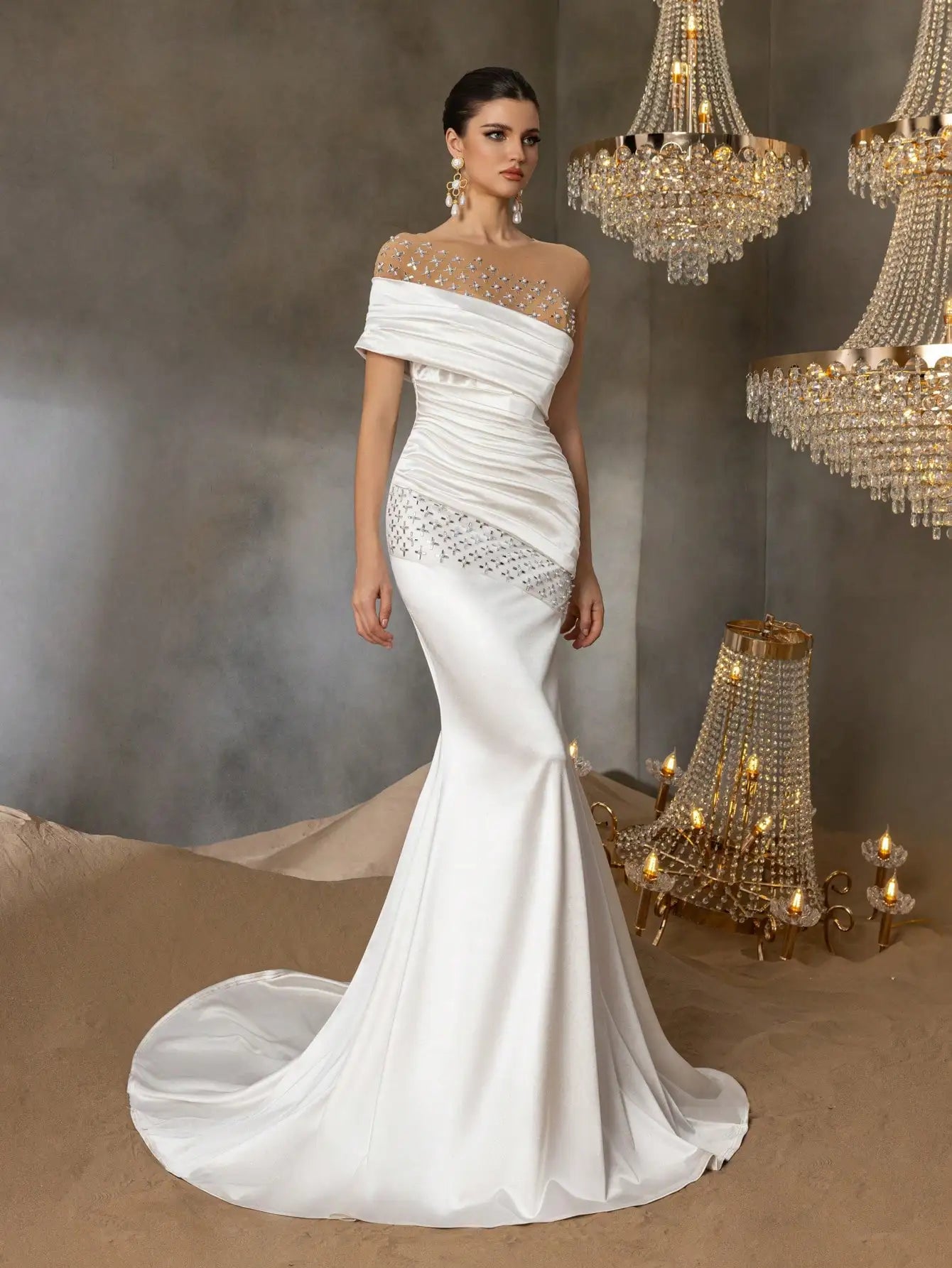 Elegant rhinestone-detailed pleated front panel beaded mesh and satin wedding dress