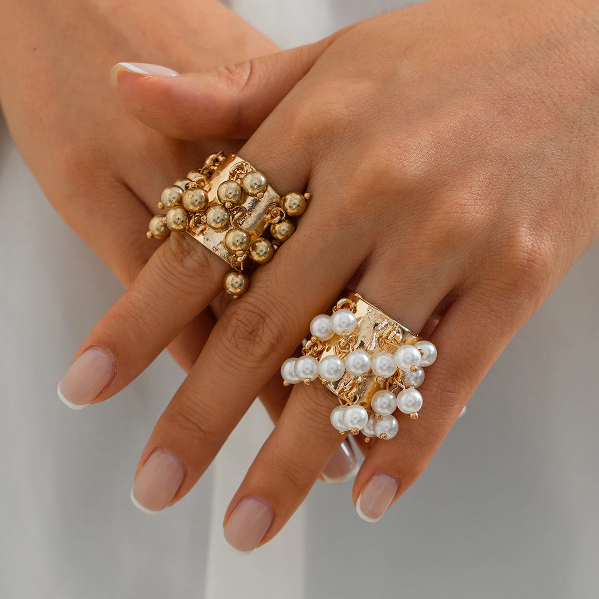 Salircon Trendy Imitation Pearl Stone CCB Small Ball Ring Women's Man 2024 Vintage Street Punk Hip Hop Ring Female Jewelry
