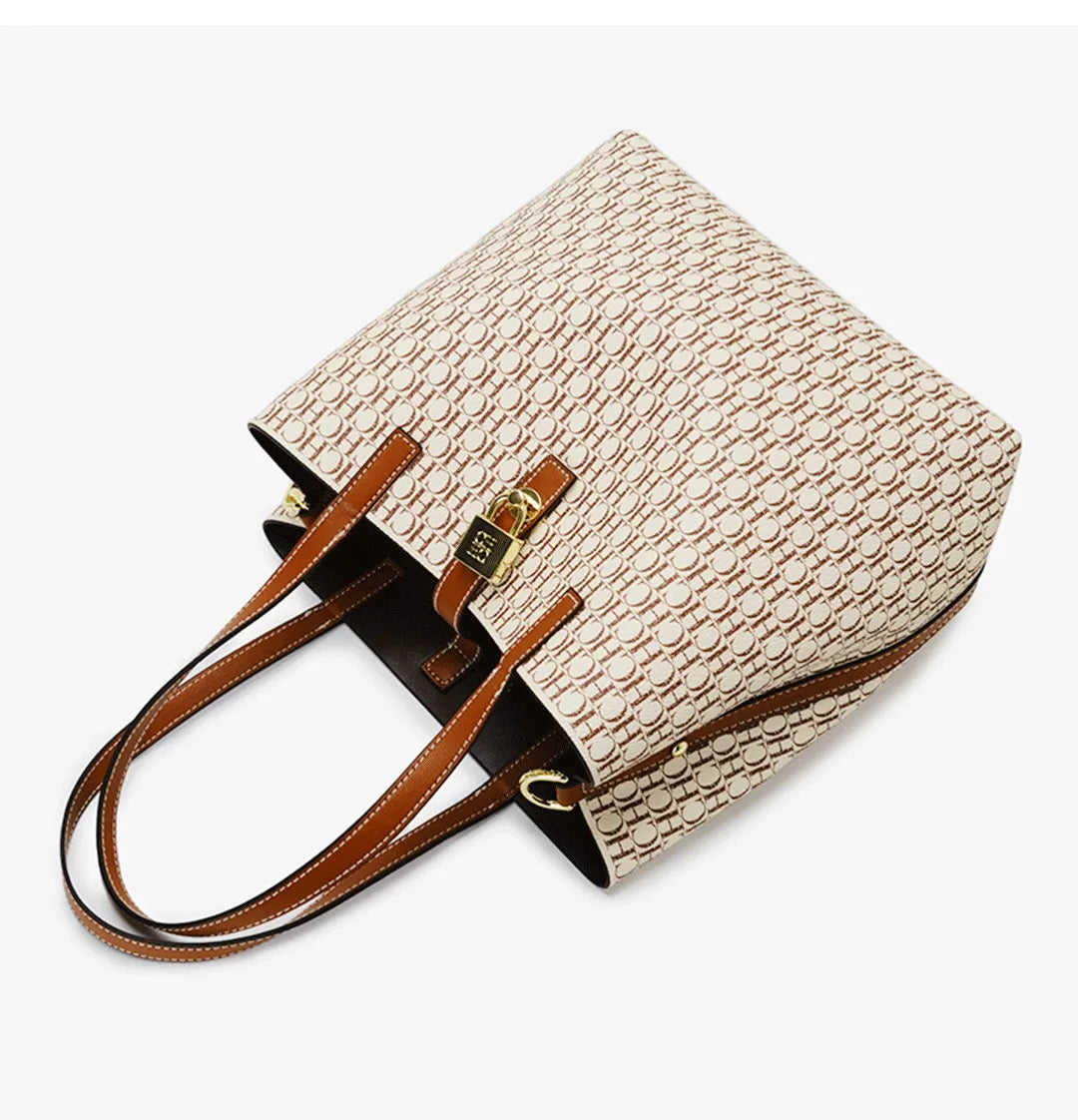 CH Women's Shoulder Bag Simple Large Capacity Letters Print Design Small Metal Accessories Daily Commuter Tote Bag Pure Color