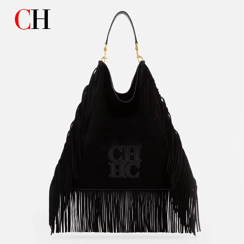 CH Leather Suede Fringe Hobo Bag Brown Large Capacity Tassel Shoulder Bag Retro Western Style Casual Handbag For Women Daily