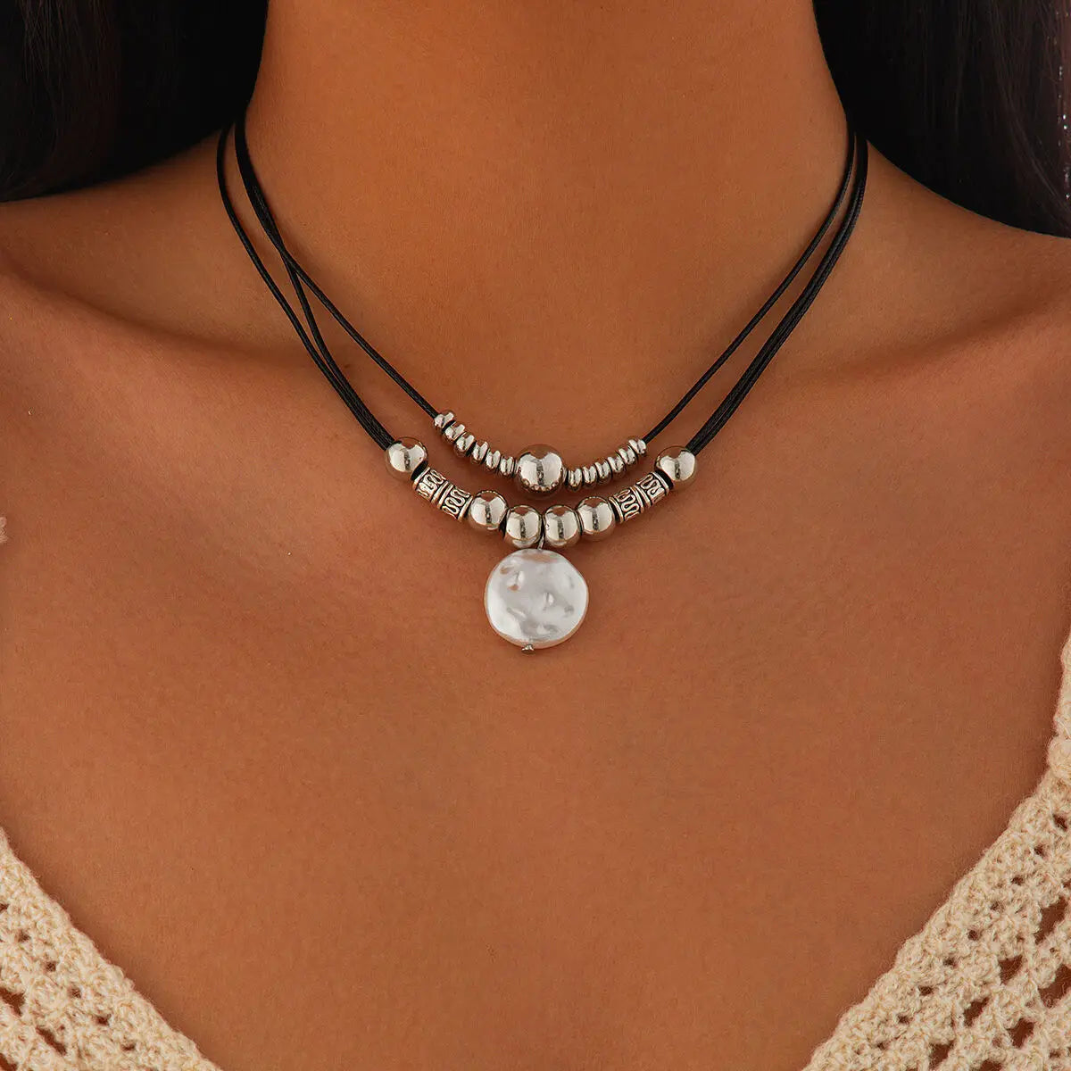 KunJoe Vintage Multilayer Leather Rope Chain Beaded Choker Short Necklace Women Ethnic Imitation Pearl Pendant Necklace Jewelry