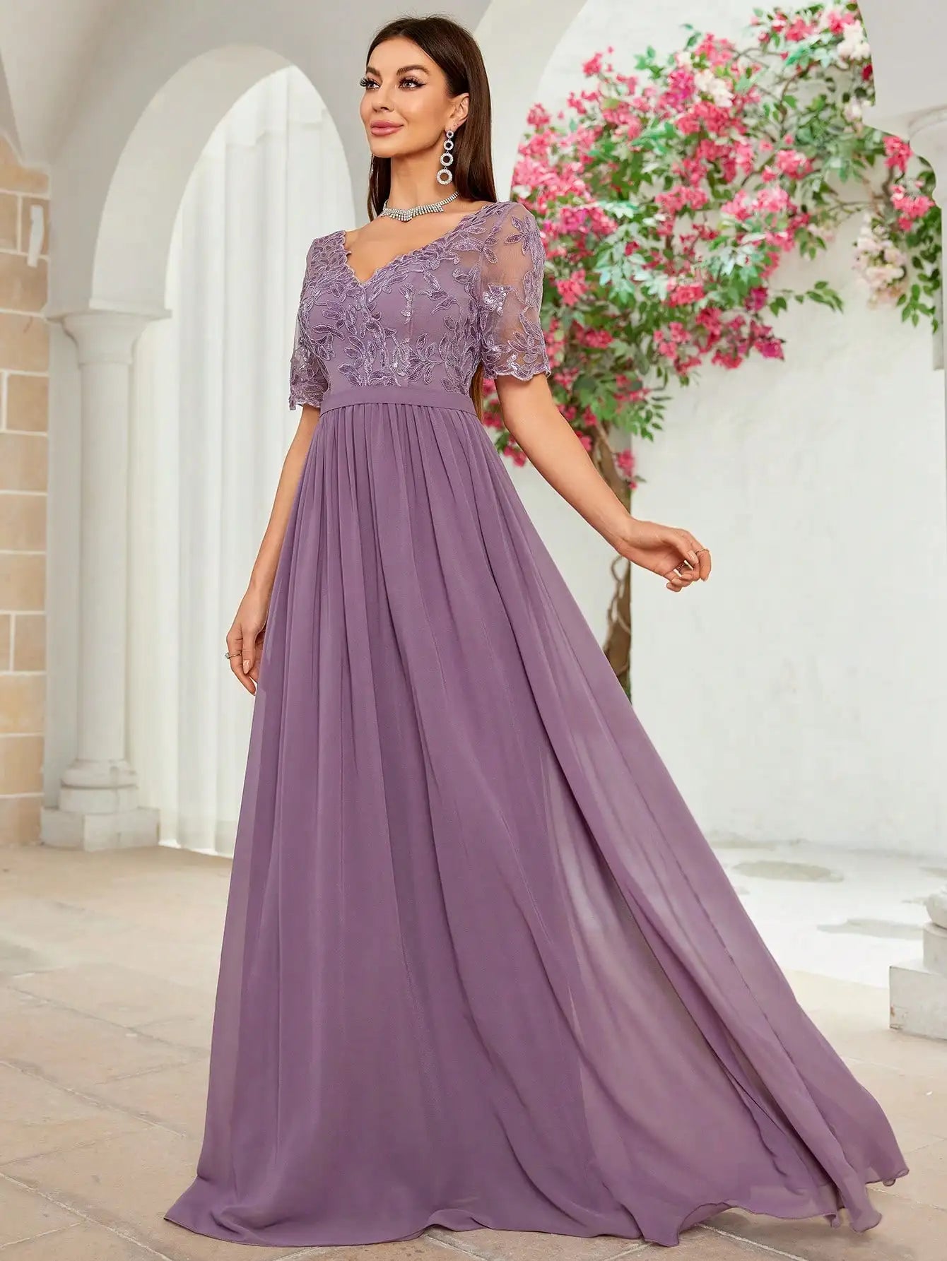 MgiacyV-neck embroidered lace cross irregular lace short sleeves splicing chiffon long skirt