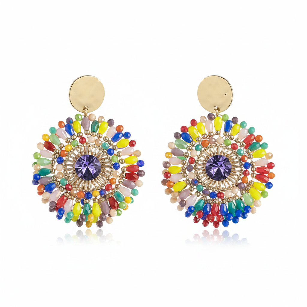 Bohemian Handmade Colorful Crystal Beads Flower Earrings for Women Trendy Ethnic Rhinestone Drop Earrings Summer Party Jewelry