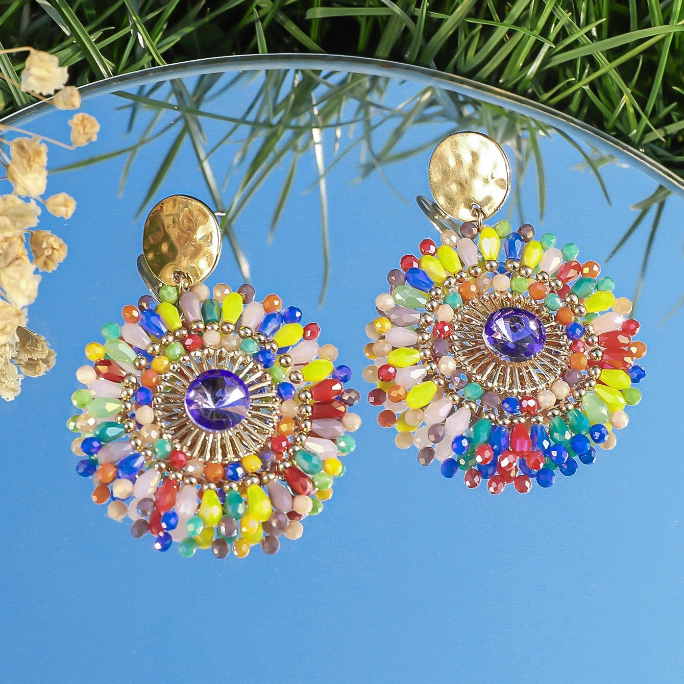 Bohemian Handmade Colorful Crystal Beads Flower Earrings for Women Trendy Ethnic Rhinestone Drop Earrings Summer Party Jewelry
