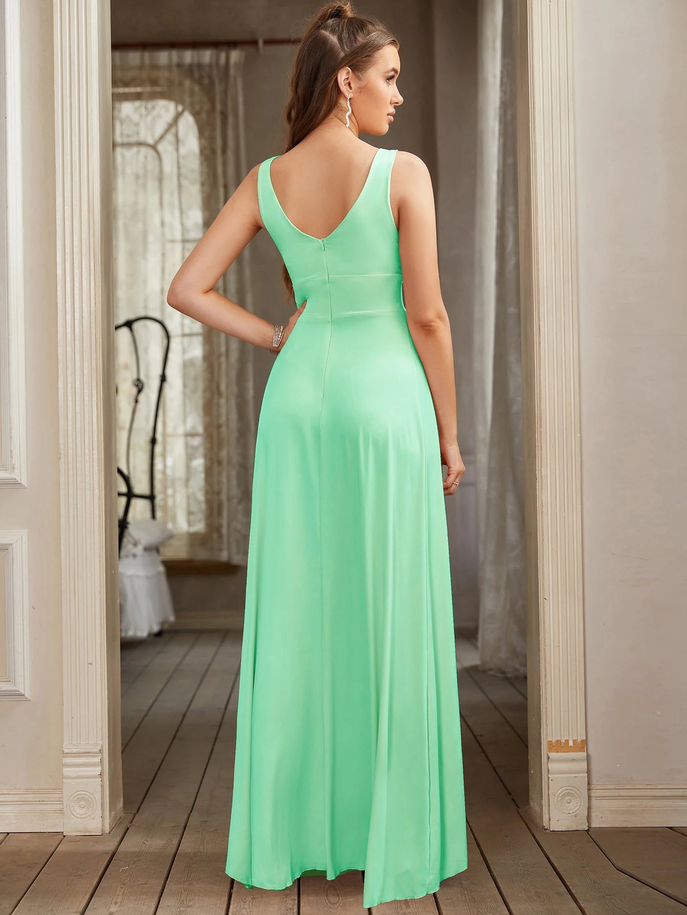 BABYONLINE Split V Neck Maxi Bridesmaid Dress Long for Women Wedding Party A Line Formal Dress Sleeveless Floor Length Evening