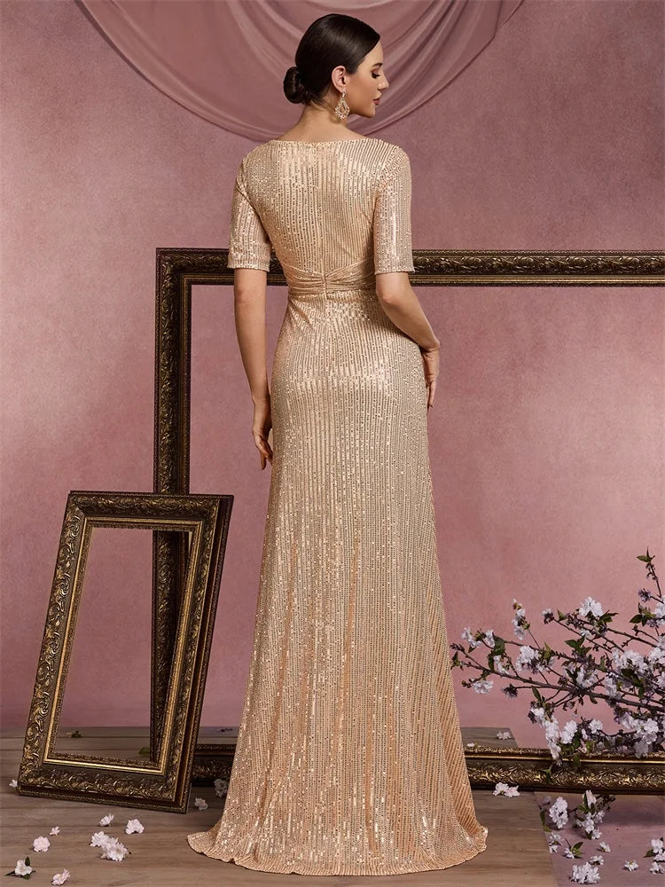 Luxury Floor Length V-Neck Evening Dresses Women Elegant Party Maxi Prom Sequins Short Sleeves Prom Cocktail Gowns
