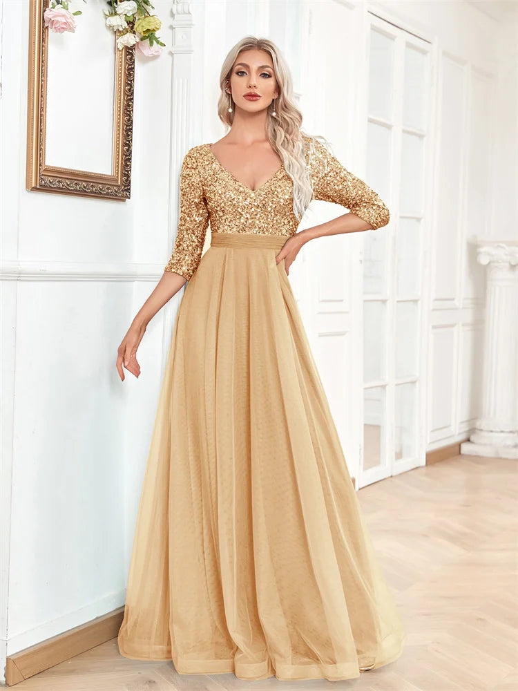 Luxury Gold Floor Length V-Neck Tulle Evening Dresses Women Elegant Party Maxi Dress Sequin Short Sleeves Prom Cocktail Gown