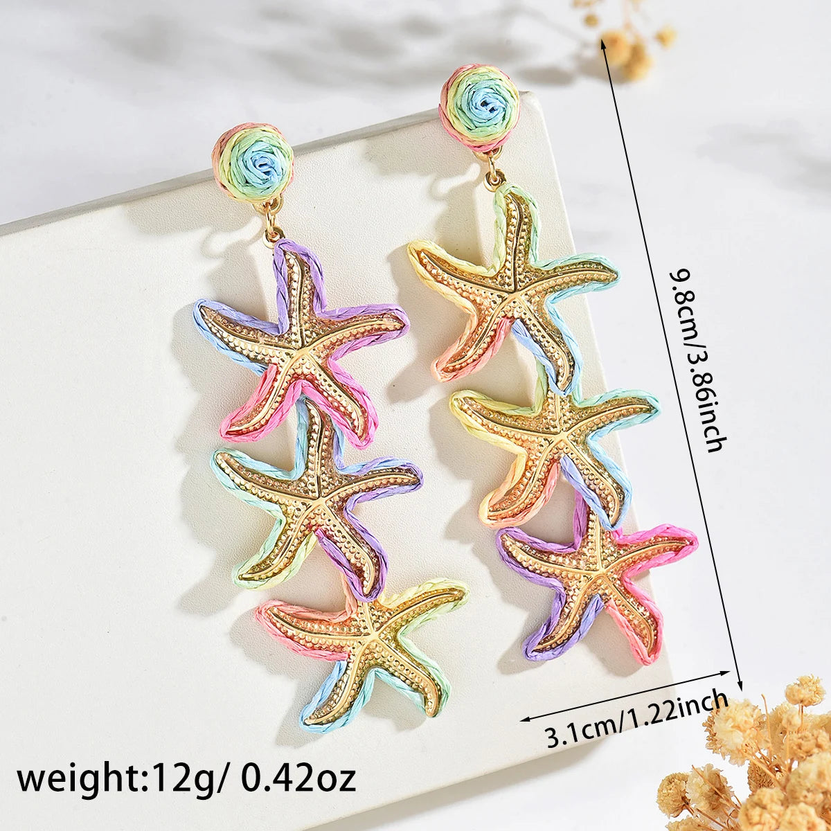 Women Handmade Rainbow Straw Triple Starfish Earrings Color Block Raffia Ball Stud Long Sea Star Dangling Earrings Bohemian Seas