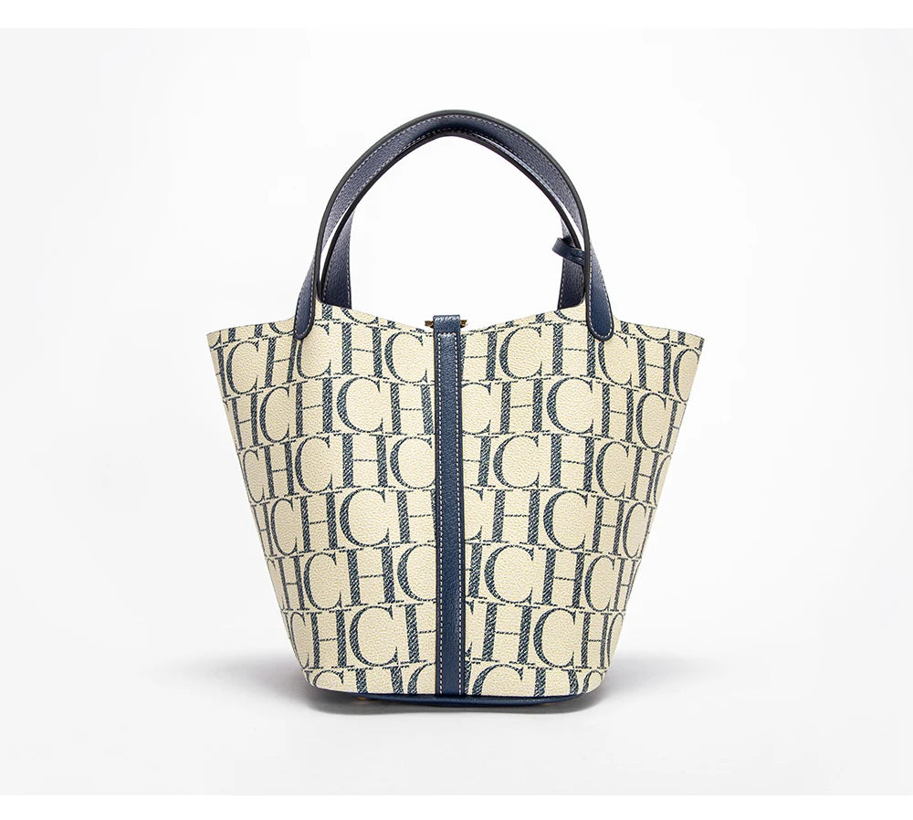 CH Tote Bag For Women Luxury Monogram Leather Handbag Fashion Top Handle Bag Elegant Lock Bucket Bag For Daily Commute