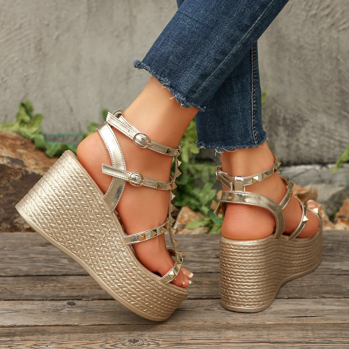Gold Rivet Studded Wedge Sandals Ankle Strap Espadrille Platform Sole
