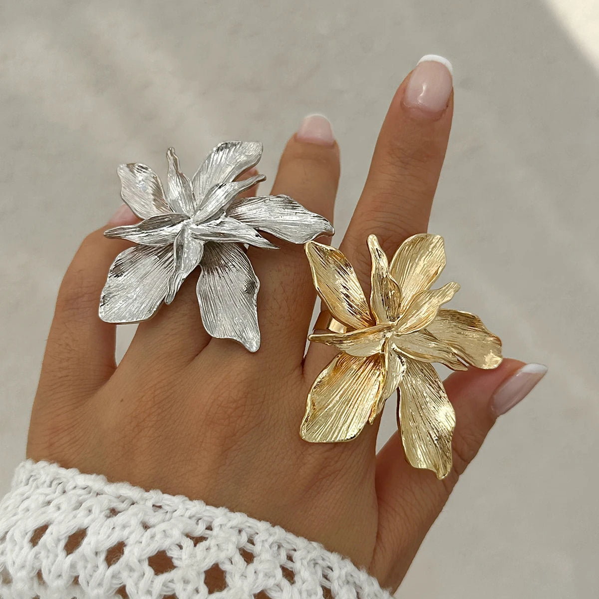 Salircon 2025 Personality Design Double Layered Metal Flower Ring for Women Trend Punk Party Adjustable Ring Ladies Jewelry Gift