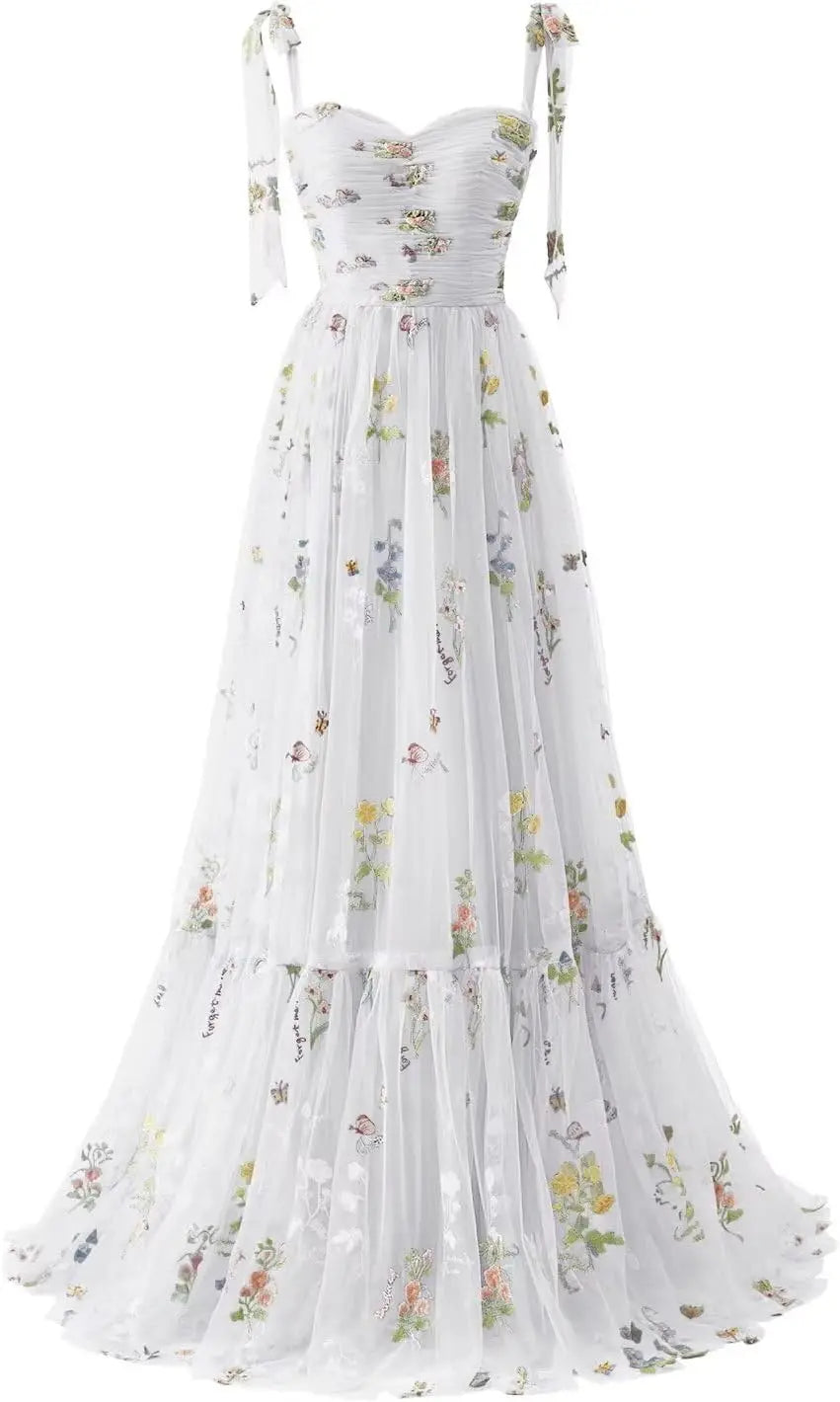 Tulle Prom Dresses for Women Flower Embroidery A-Line Formal Evening Party Gowns Formal Dress Women Elegant Evening Dress