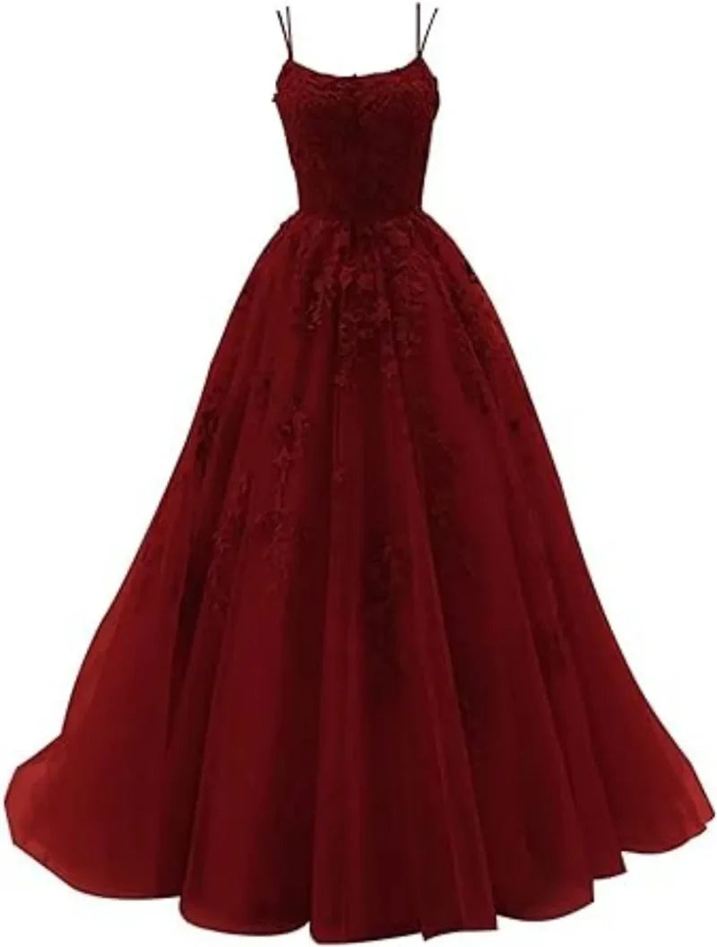 Tulle Spaghetti Straps Prom Dresses Long Lace Appliques Ball Gowns for Women