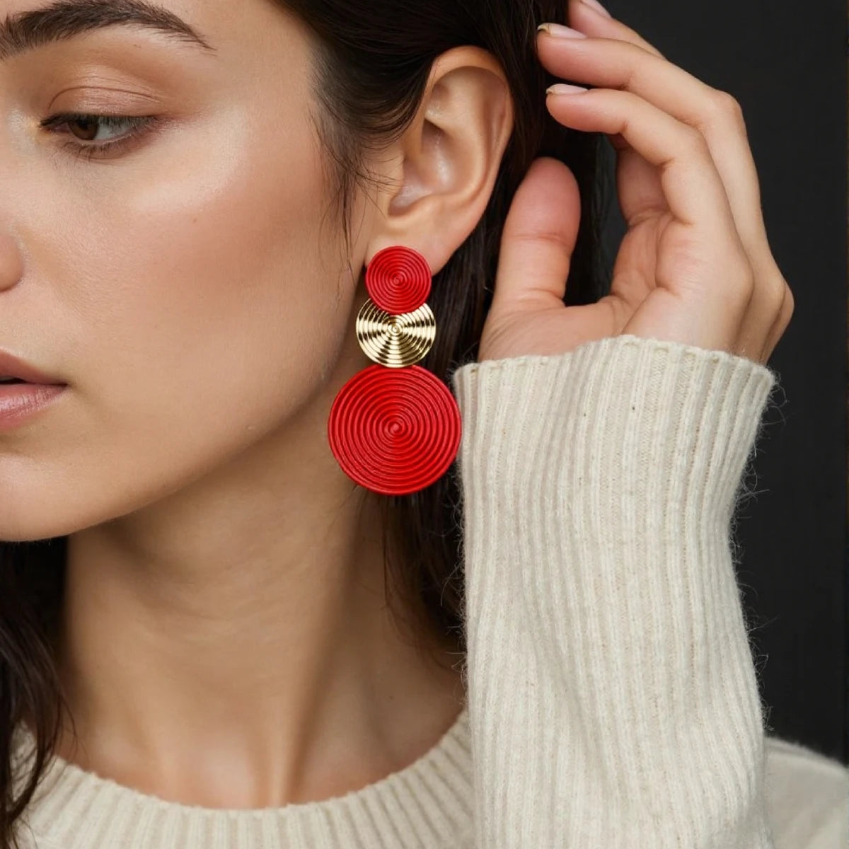 Trendy Stylish Dangle Earrings Trio Circle Design Daily Outfits Party Accessories Fashionable Stuff RED Orange Big Earrings