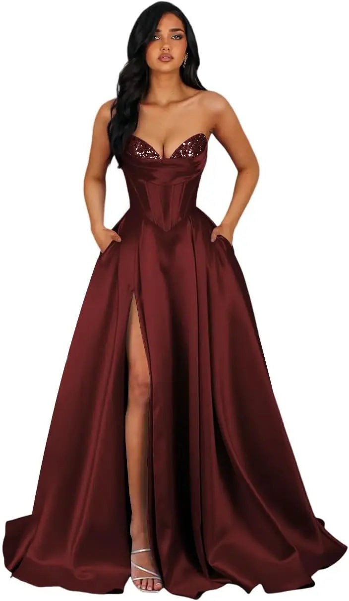 Strapless Sequin Prom Dresses Long with Slit Satin Formal Party Dress