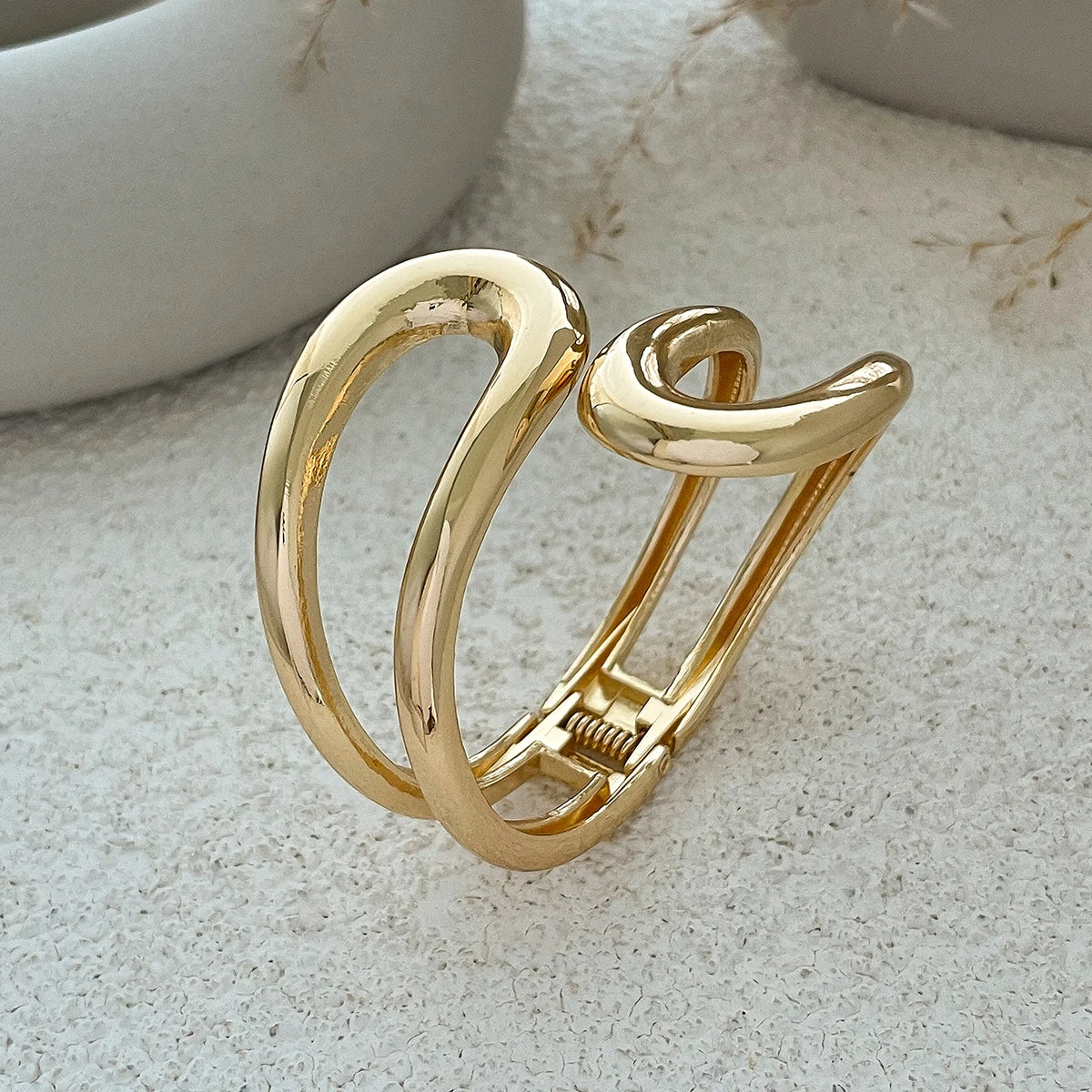 Salircon Trendy Simple Geometric Smooth Wide Spring Bangles for Women Double Layer Curved Metal Bracelet Ladies Party Jewelry