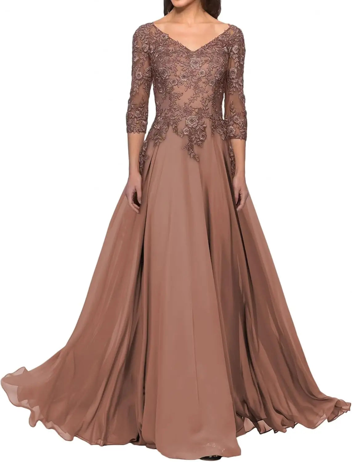 Elegant V Neck Lace Applique 3/4 Sleeve Mother of The Bride Dresses Chiffon A-Line Formal Evening Party Gowns