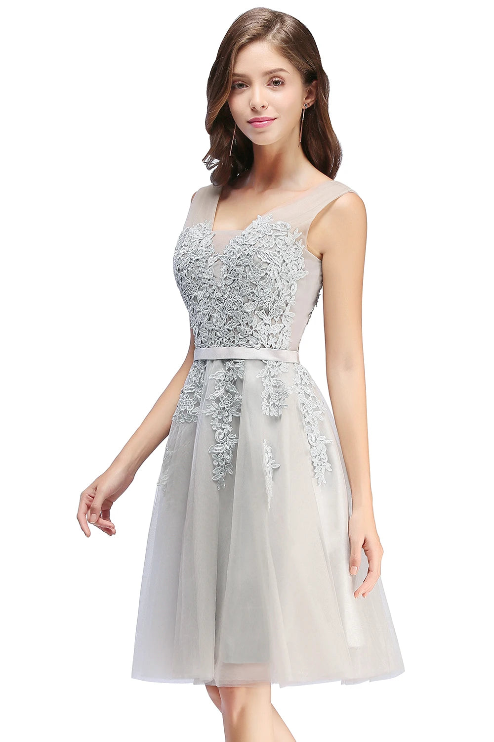 BABYONLINE Burgundy Bridesmaid Dresses with Lace Appliqué, V-Back & Flowy Tulle Skirt for Weddings,Elegant Short Party Dress