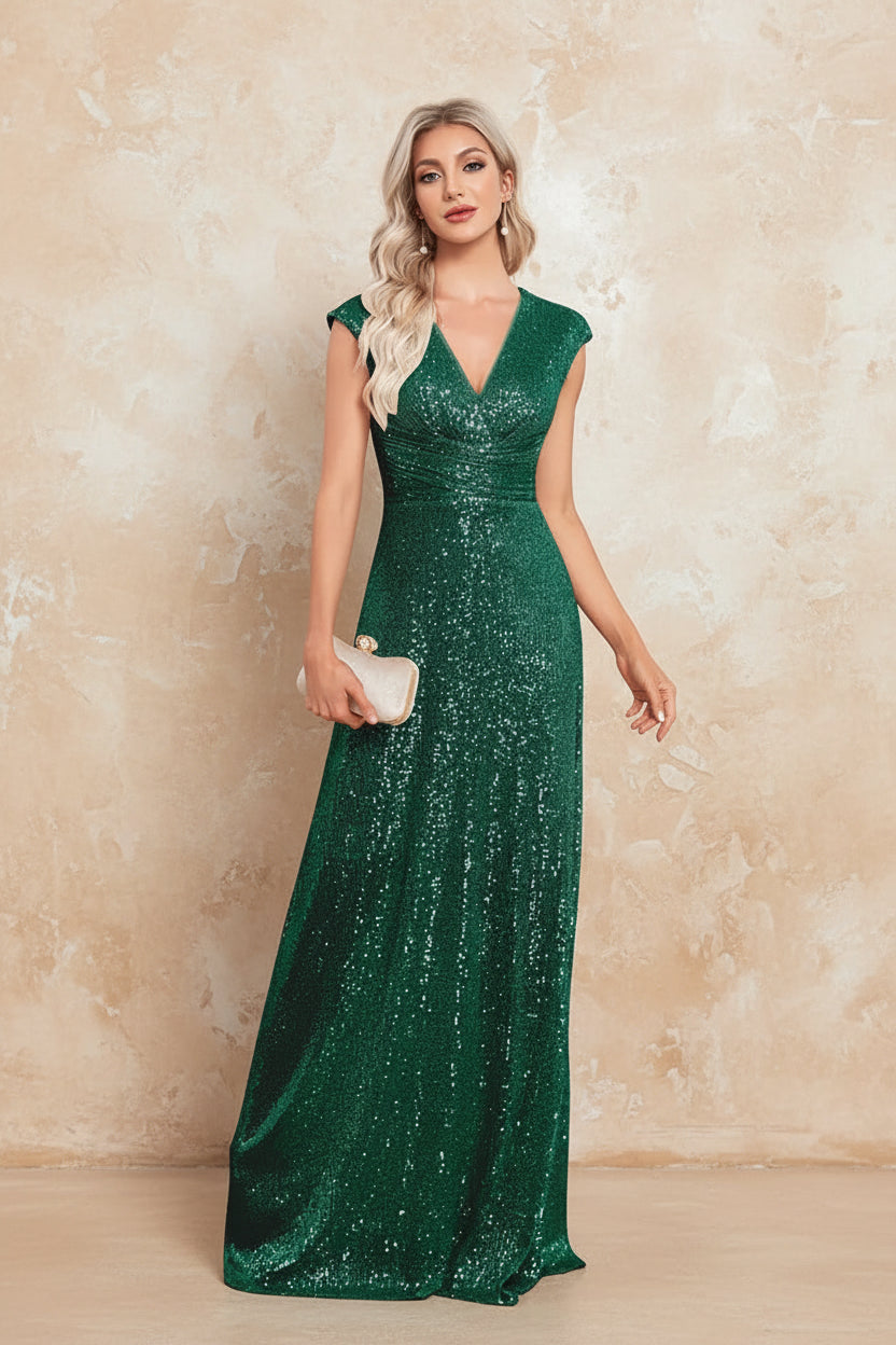 Women Elegant V-neck Mermaid Evening Dress Floor Length Formal Blue Prom Party Gown Sequins Sleeveless Vestidos