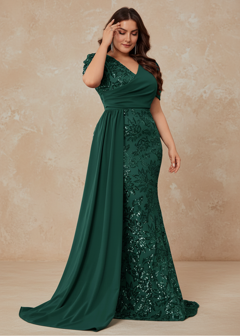Plus Size Elegant V-neck Sequins Evening Dress Women Short Sleeves Mermaid Formal Luxury Party Streamer Prom Dress