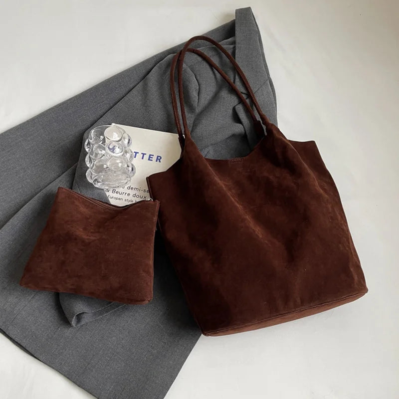 Retro Women's Suede Shoulder Bag New Solid Colors High Capacity Casual Tote Zippered Versatile Sewing Thread for Crafting