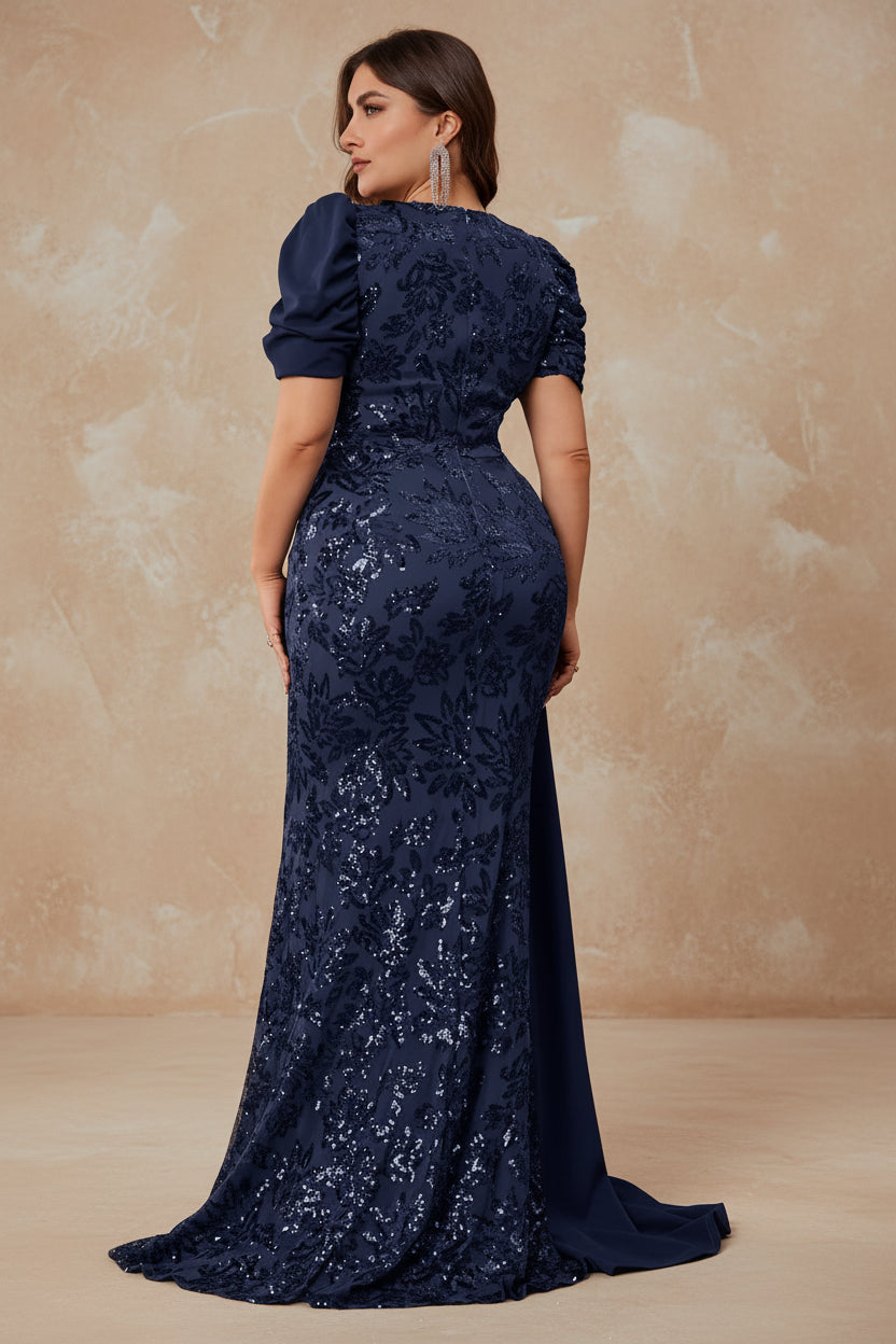 Plus Size Elegant V-neck Sequins Evening Dress Women Short Sleeves Mermaid Formal Luxury Party Streamer Prom Dress