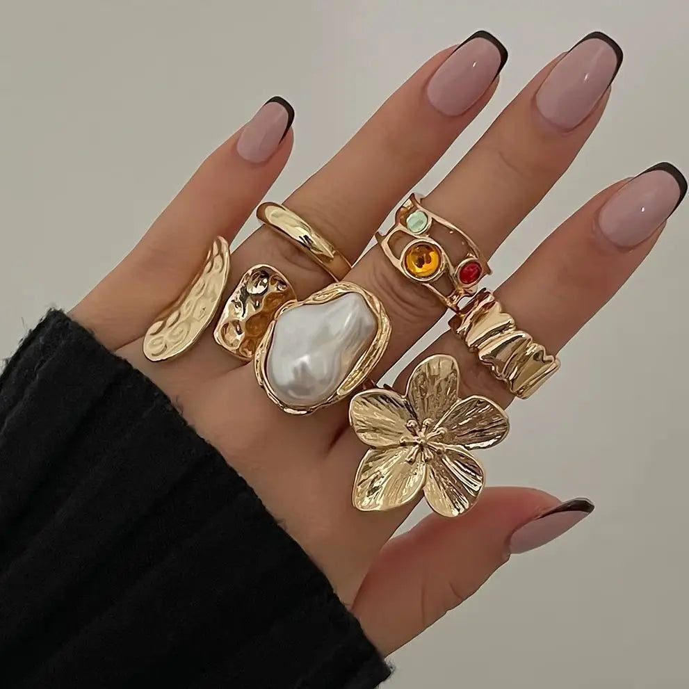 KunJoe 6 Pcs Elegant Crystal Imitation Pearl Open Rings Set for Women Smooth Metal Gold Color Flower Chunky Ring Jewelry Gift