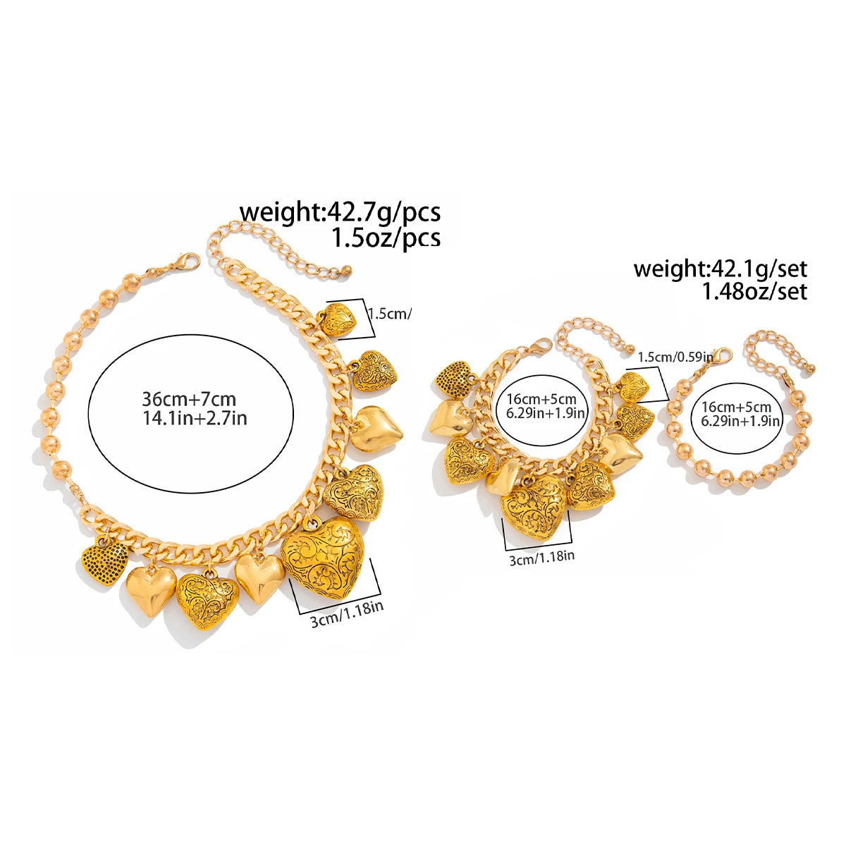 Salircon Vintage Aesthetics Exquisite Chubby Heart Pendant Choker Necklace Bracelets for Women Charm Fashion Jewelry Sets