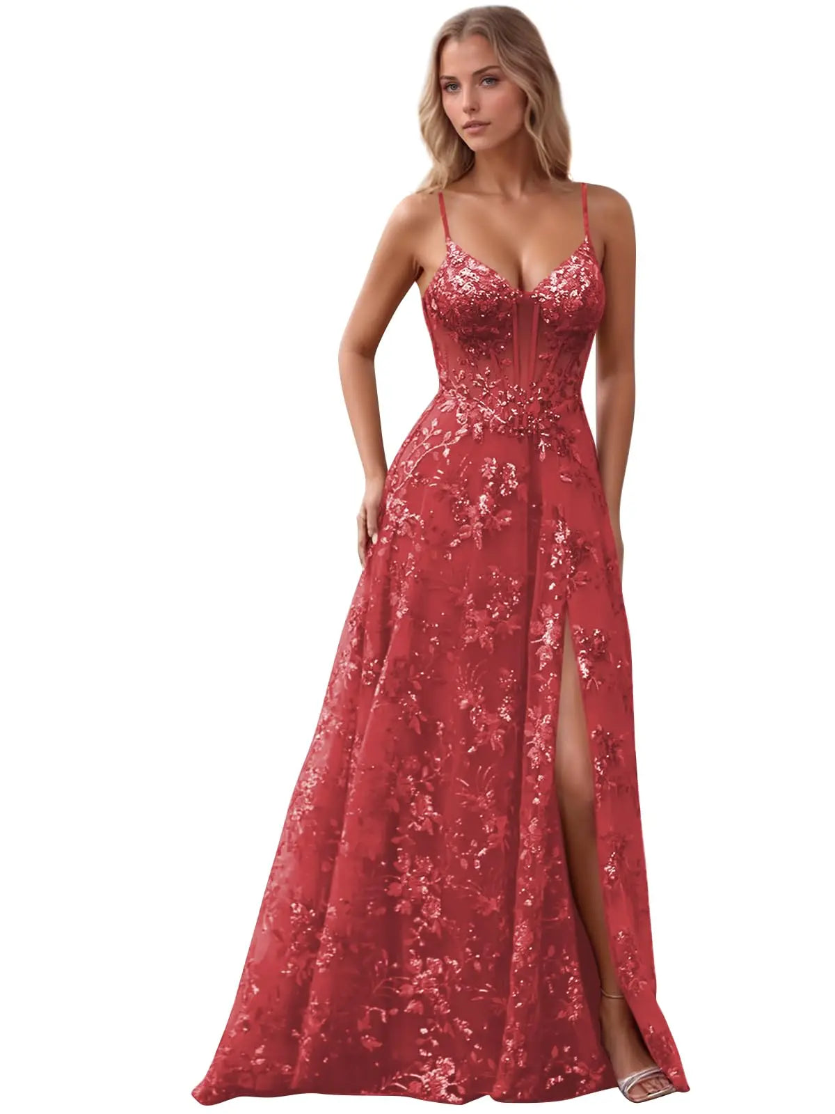 Spaghetti Strap Tulle Appliques Prom Dresses with Slit V Neck Sequin Evening Gown Women Formal Pageant Dress Long Party Dresses