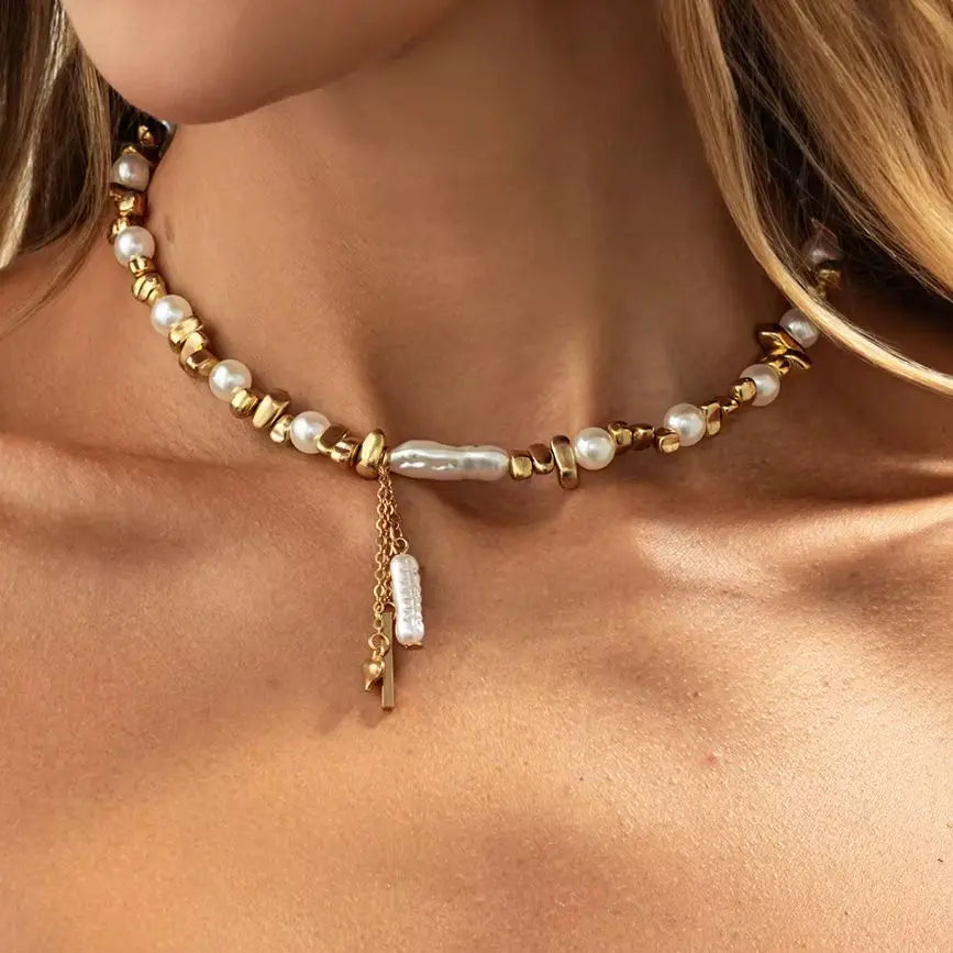 Salircon Vintage Irregular Beads Chain Necklace Women Boho Exquisite Imitation Pearl Wedding Bridal Clavicle Choker Y2K Jewelry