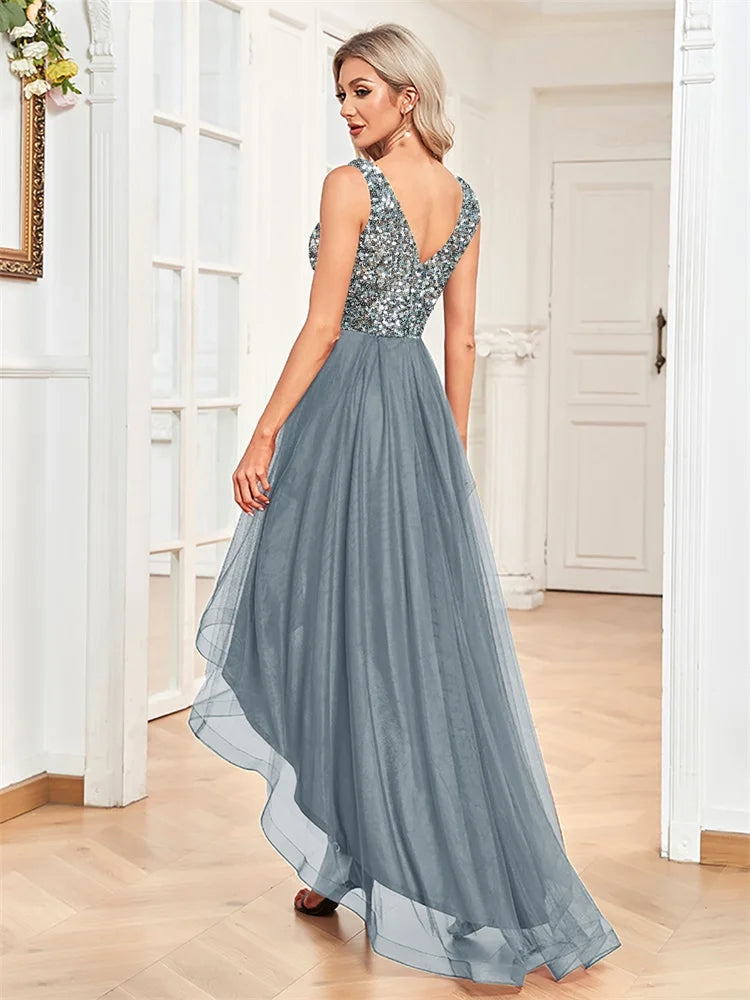 Elegant Women Sleeveless Sequins V-Back Floor Length Formal Evening Dresses Luxury V-neck Wedding Party Cocktail Gowns