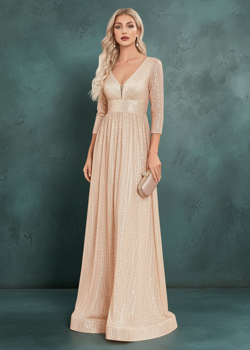 Luxury V Neck Long Sleeves Blue Sequins Formal Evening Dress Women 2024 Wedding Party Prom Maxi Cocktail Dress Gowns