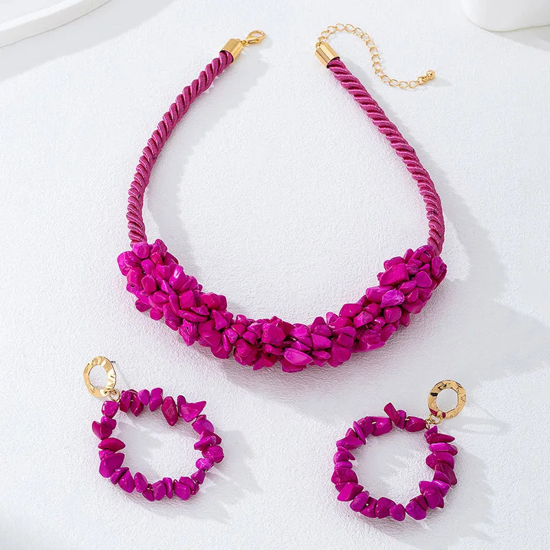 Vintage Rose Red Stone Hand Short Necklace Stud Earrings Set for women girls holiday party gift S284