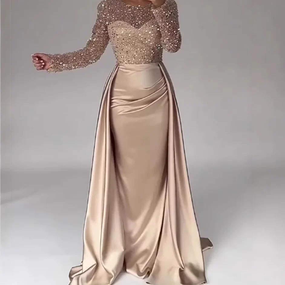 Shiny Sequin Evening Dress Long Sleeve Women's Style Queen Atmosphere Hostess Annual Ball Ceremony Chic Lady Fashionable Mommy O